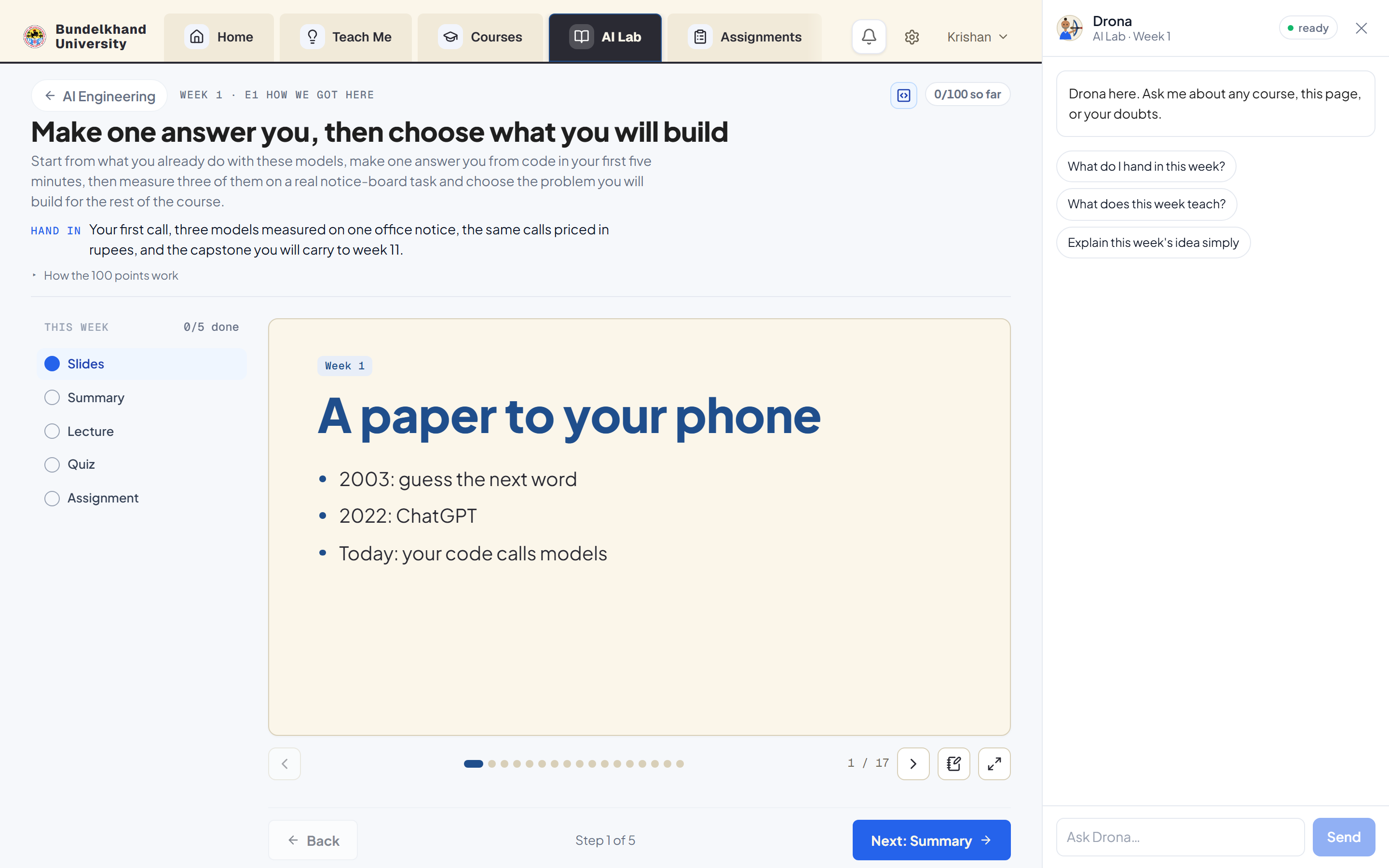The AI Lab week screen: one week's lesson, videos, quiz and assignment, with the week's Python ready to run in the page