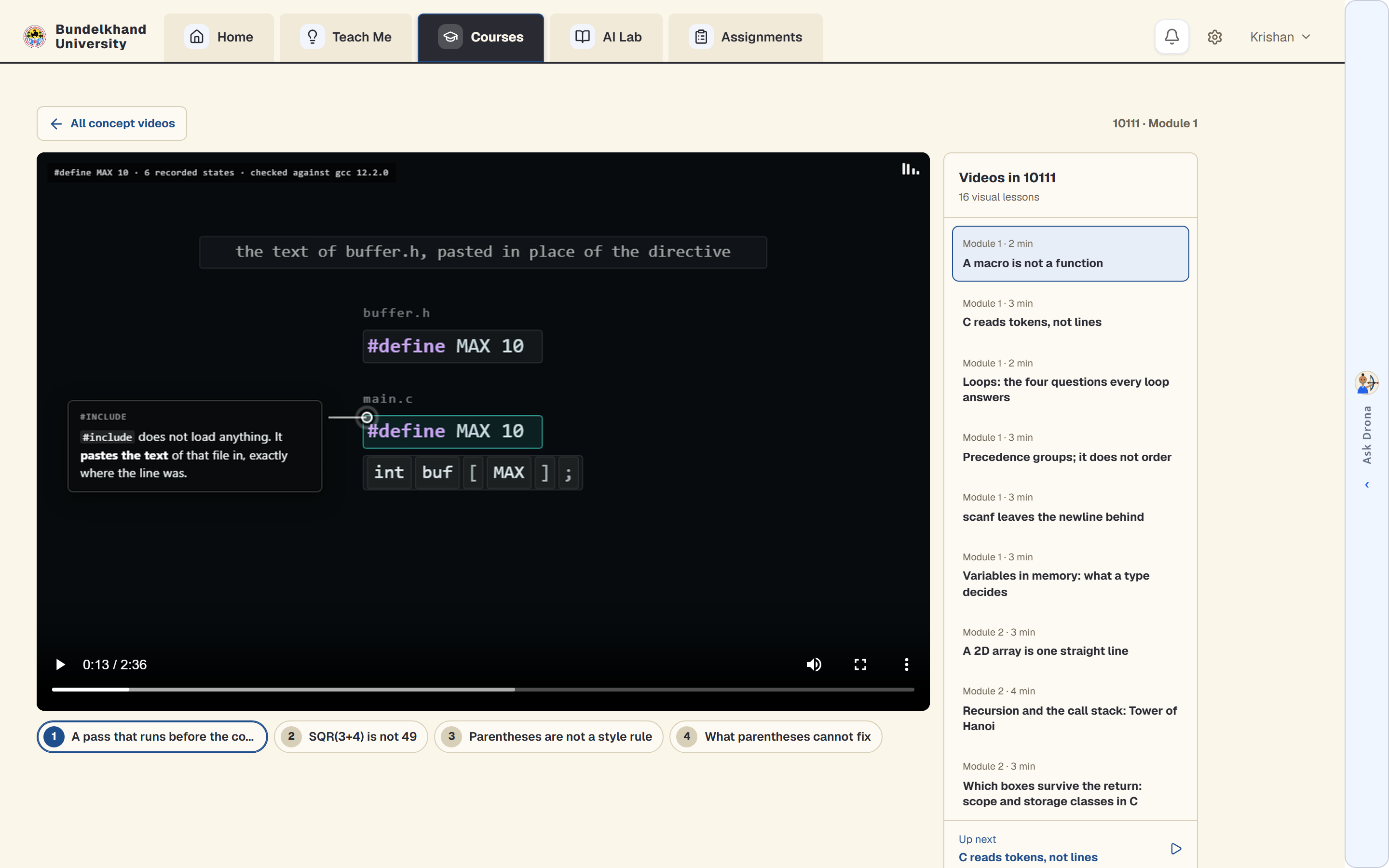 A concept lab playing in the student view: a narrated, step-by-step visual lesson built from the course's own material