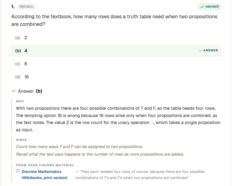 A marked quiz question: the correct answer explained, cited to the course pages it was written from