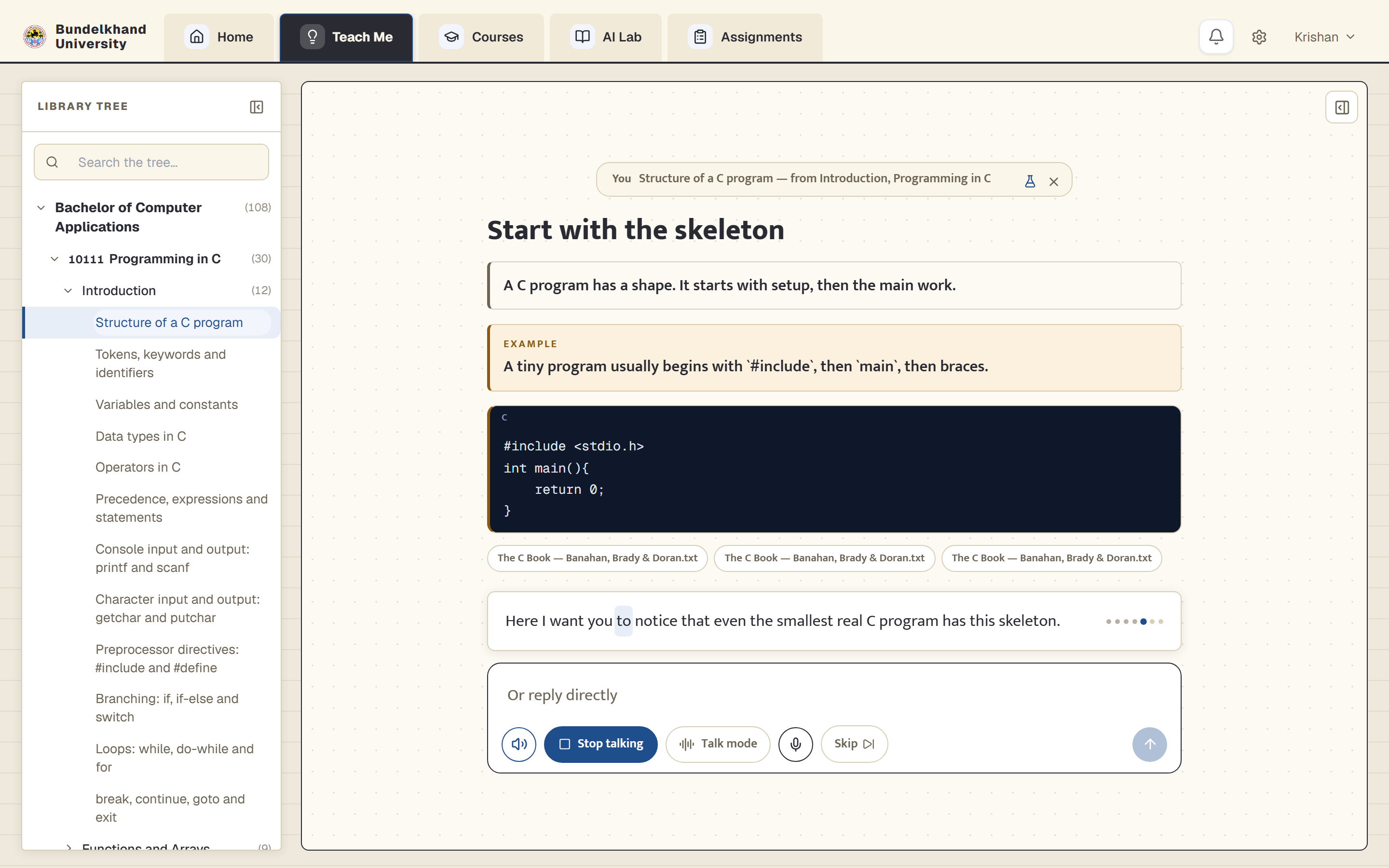 A Teach Me lesson: the board explaining Breadth-First Search, with the spoken transcript beside it